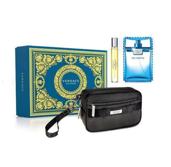 VERSACE EAU FRAICHE MEN 3 PC GIFT SET- 3.4 OZ EDT + 0.34 OZ EDT + BLACK TROUSSE