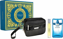 VERSACE EAU FRAICHE MEN 3 PC GIFT SET- 3.4 OZ EDT + 0.34 OZ EDT + BLACK TROUSSE