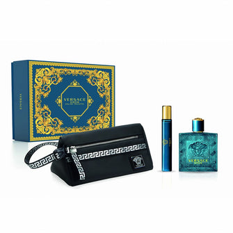 VERSACE EROS MEN 3 PC GIFT SET - 3.4 OZ EDT + BLACK TROUSSE BAG + 0.34 OZ TRAVELSPRAY