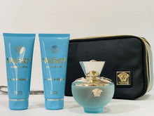 VERSACE DYLAN TURQUOISE 4 PC GIFT SET WOMEN - 3.4 OZ EDT + 3.4 OZ BODY LOTION + 3.4 OZ SHOWER GEL + POUCH